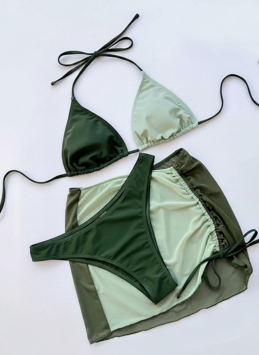 Ensemble Maillot de Bain 3 Pièces – Vert d'Eau & Vert Kaki 🌿✨