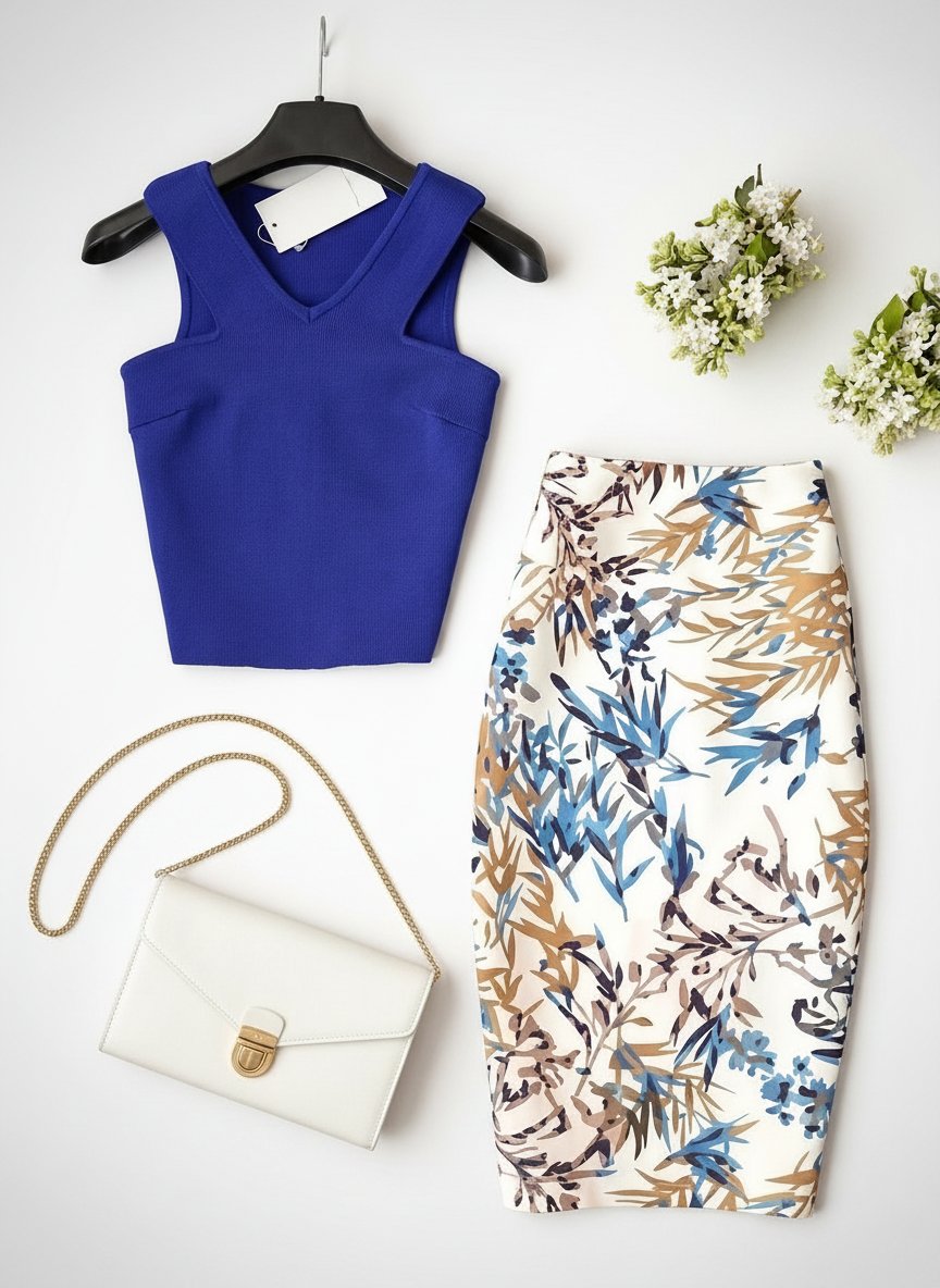 Ensemble Chic Été – Top Bleu Royal & Jupe Crayon Fleurie