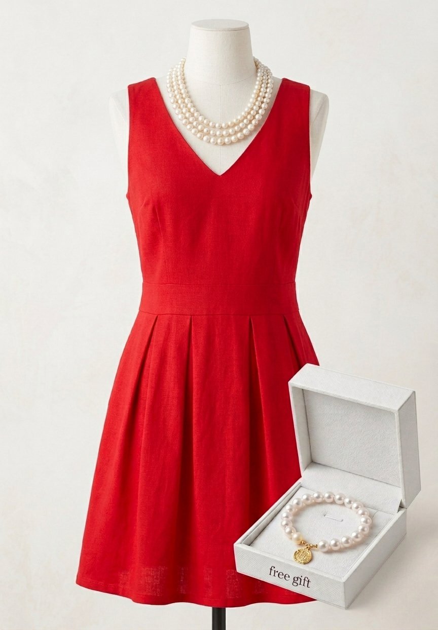 Robe Rouge Élégante + Bracelet Perles Offert