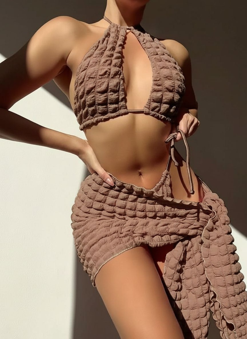 Ensemble Maillot de Bain 3 Pièces – Marron Texturé 🤎✨