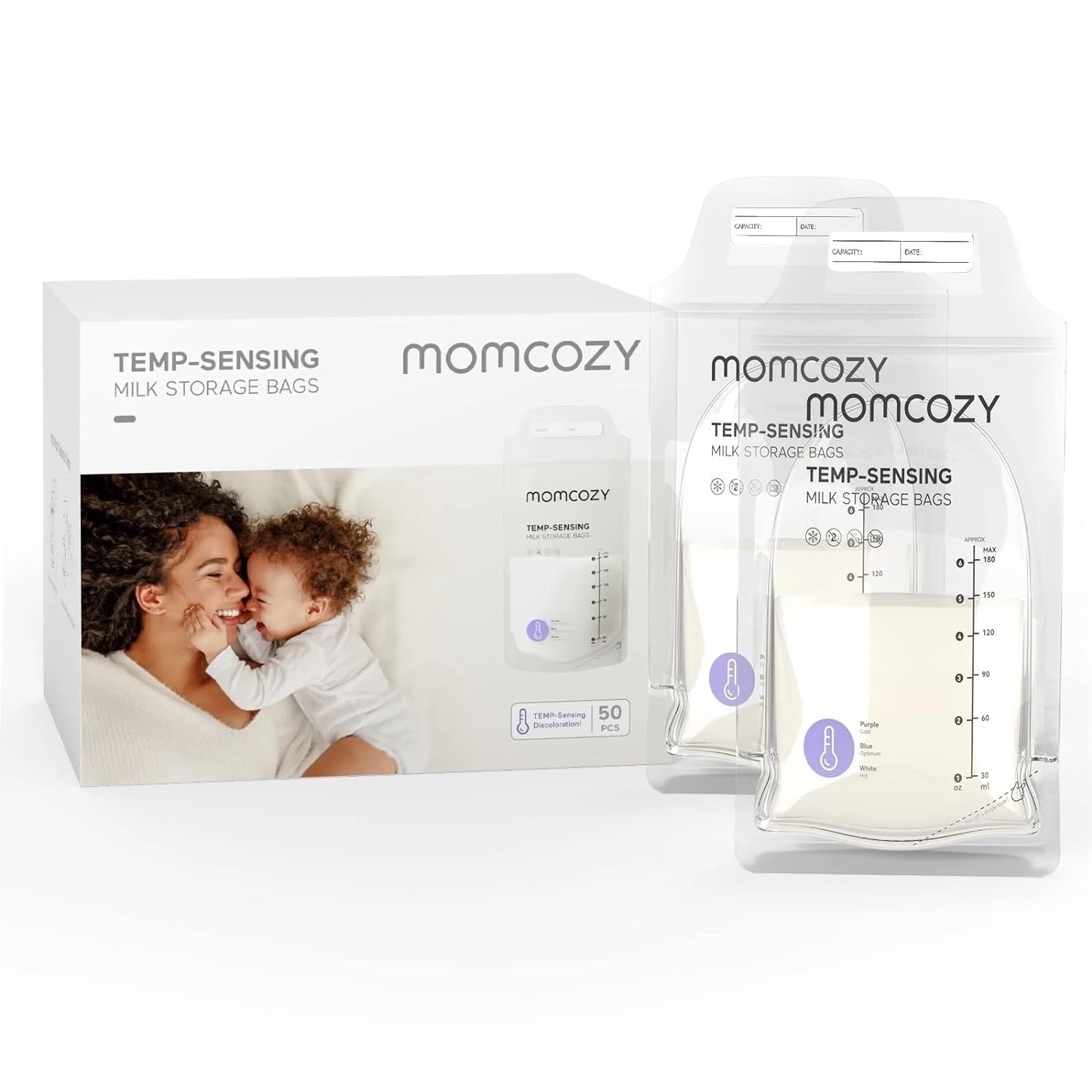 Momcozy – Sachets de conservation du lait maternel avec indicateur de température (50 pcs)