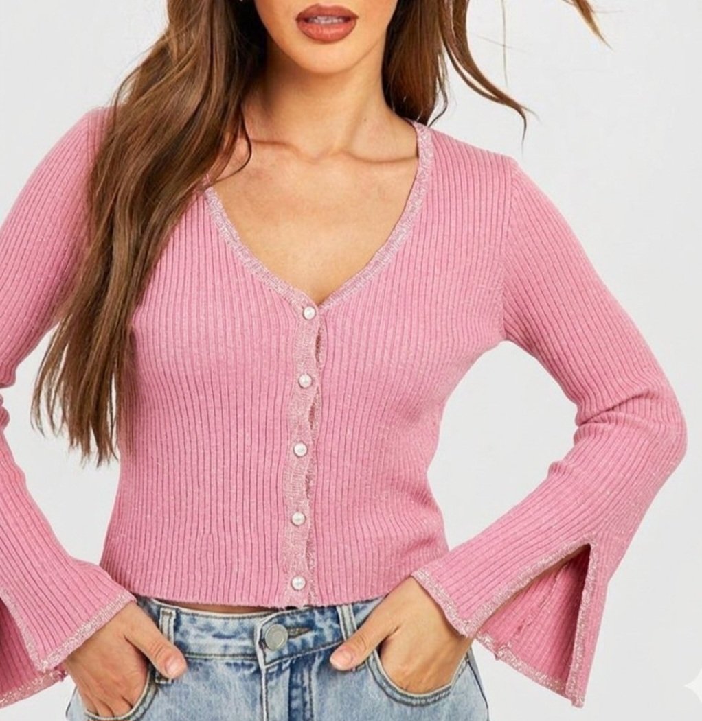  Gilet court côtelé rose à manches évasé L - XL