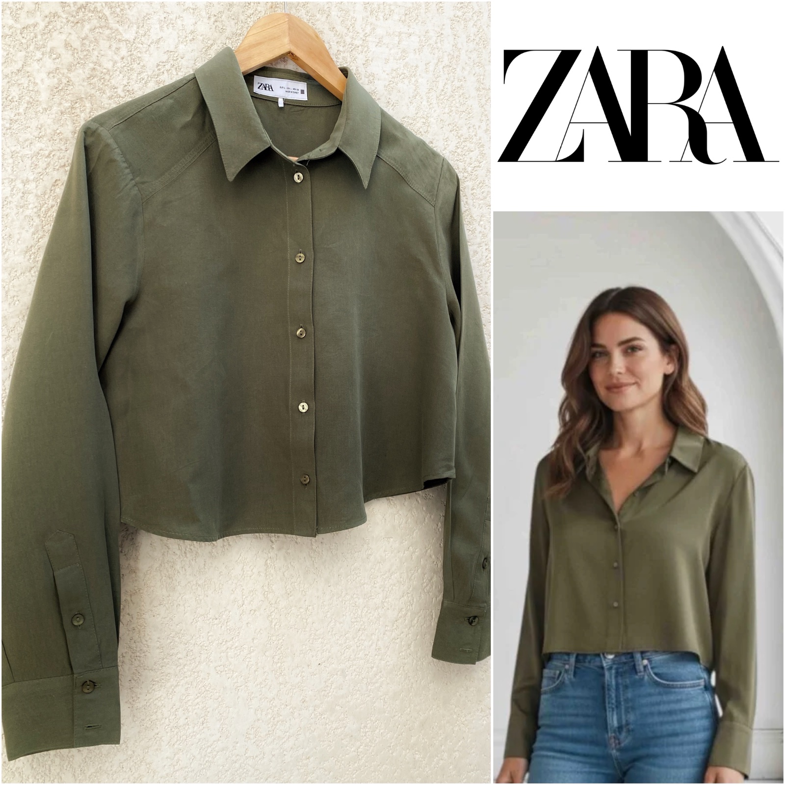 Chemise cropped ZARA en vert olive taille L en excellent état