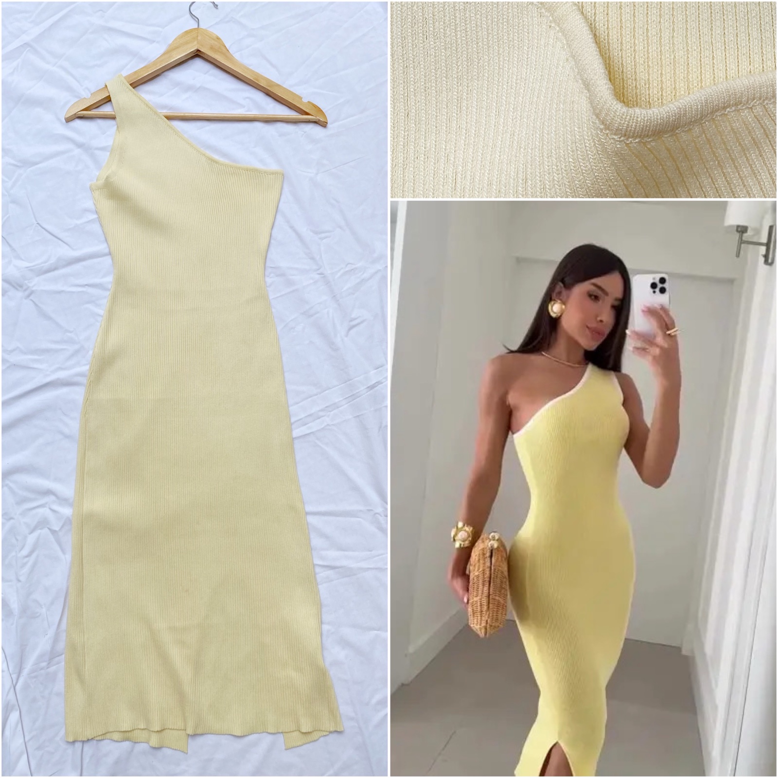 Robe à une épaule en maille côtelée jaune clair taille M/38 en parfait état