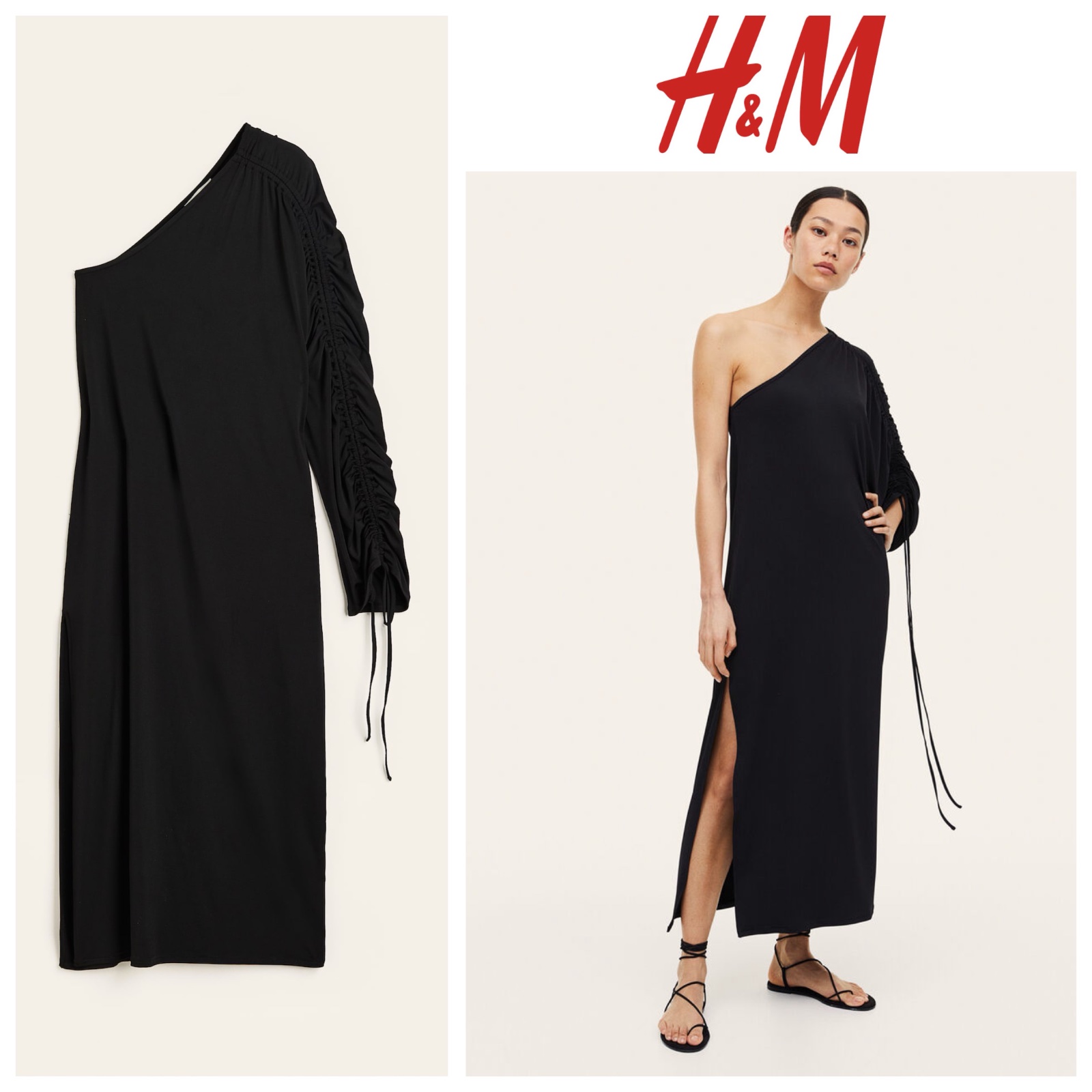 Robe asymétrique noire H&M taille XS/S en jersey longueur mi-mollet avec une manche longue drapée en excellent état