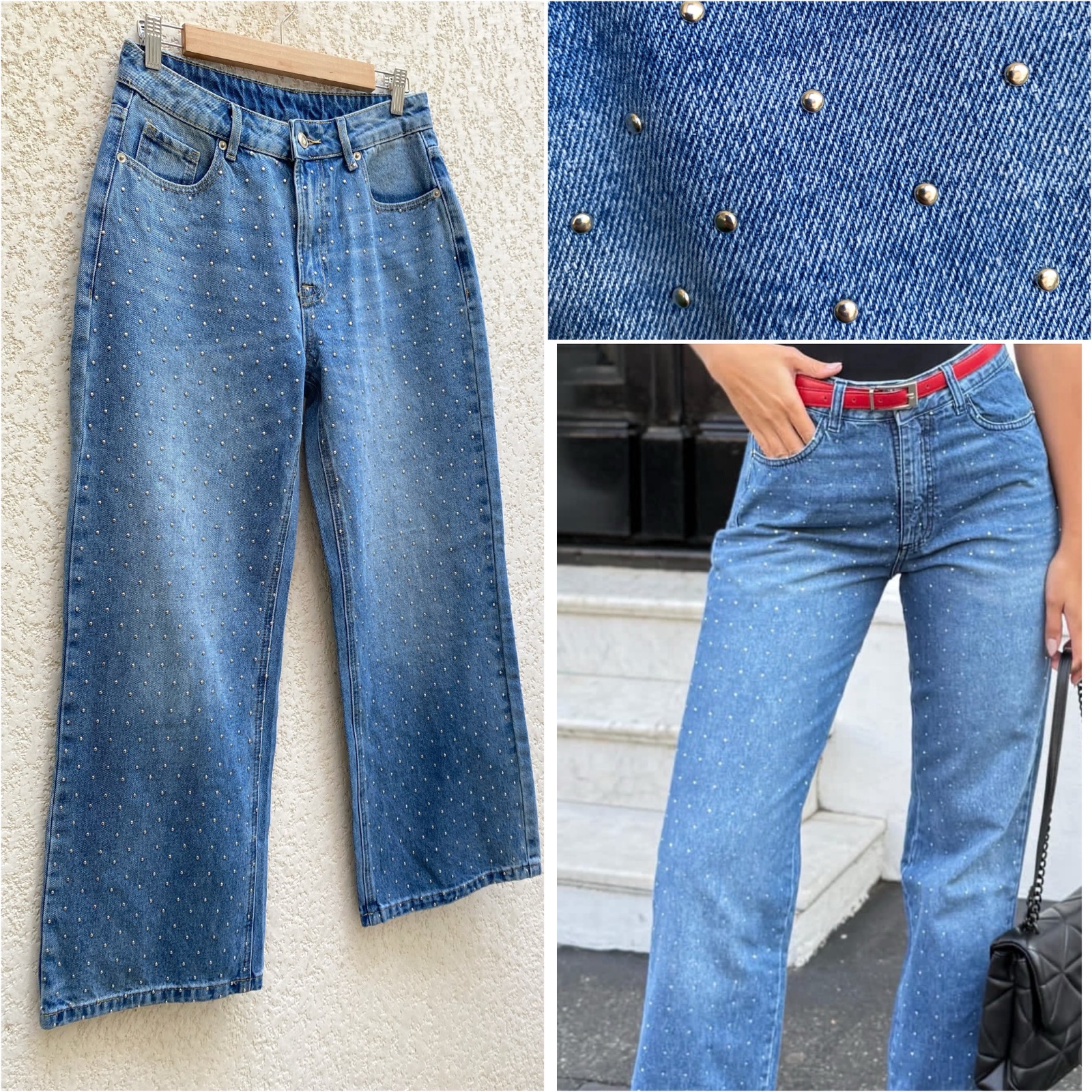 Pantalon denim bleu baggy straight à petites strass métalliques tailles 38/M en excellent état