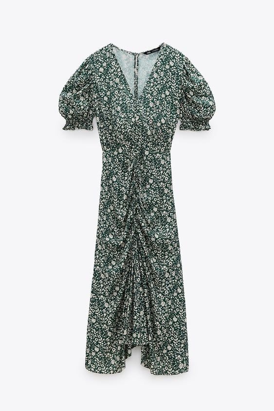 ZARA OPEN BACK FLORAL GREEN GATHER MIDI DRESS 