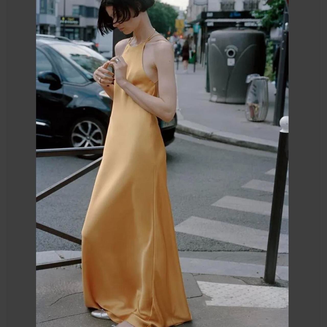 ZARA BACKLESS SATIN EFFECT BRONZE ASYMMETRIC WITH TIE DETAIL AND THIN STRAPS DRESS 