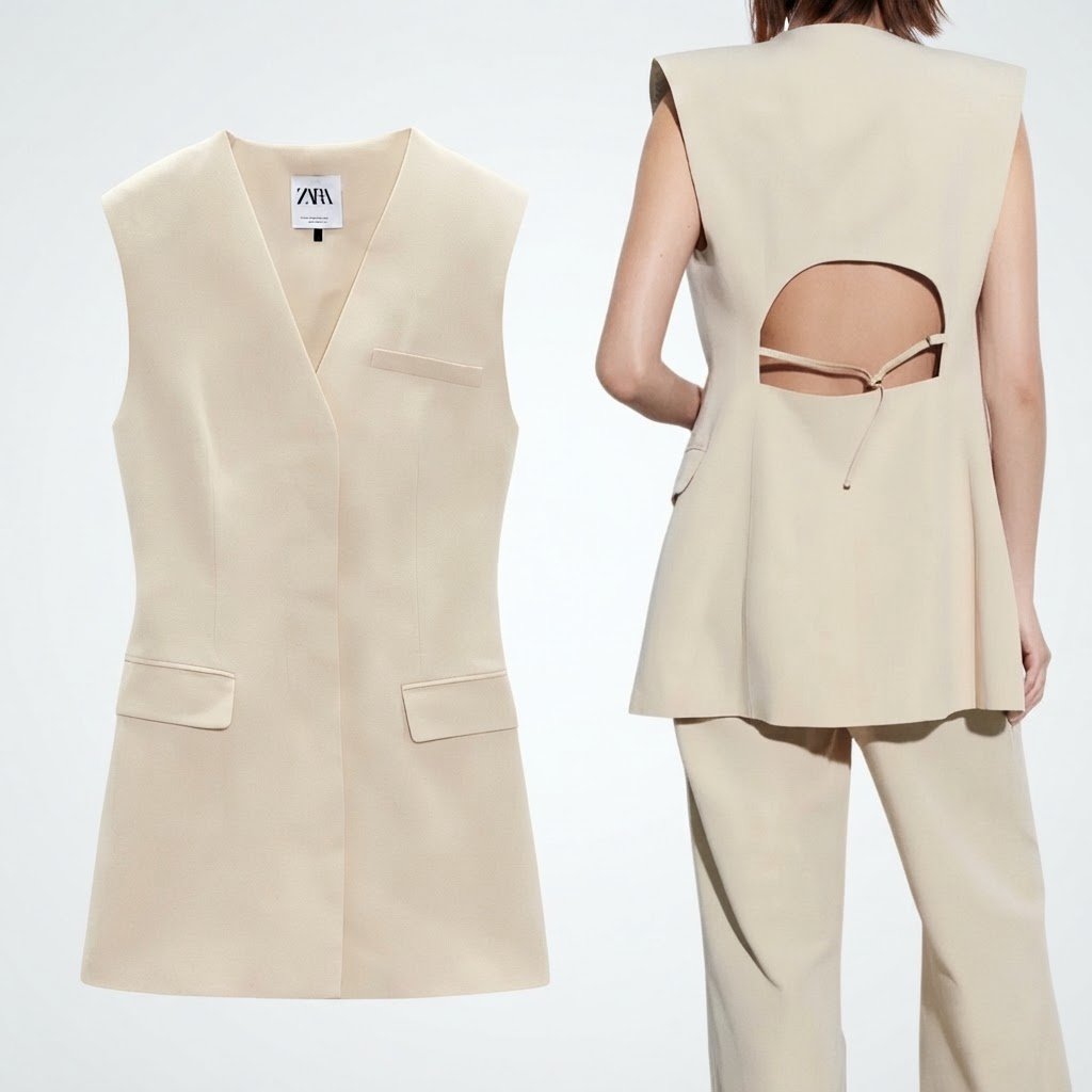 Zara Long Sand Linen Blend Cut Out Waistcoat Veste