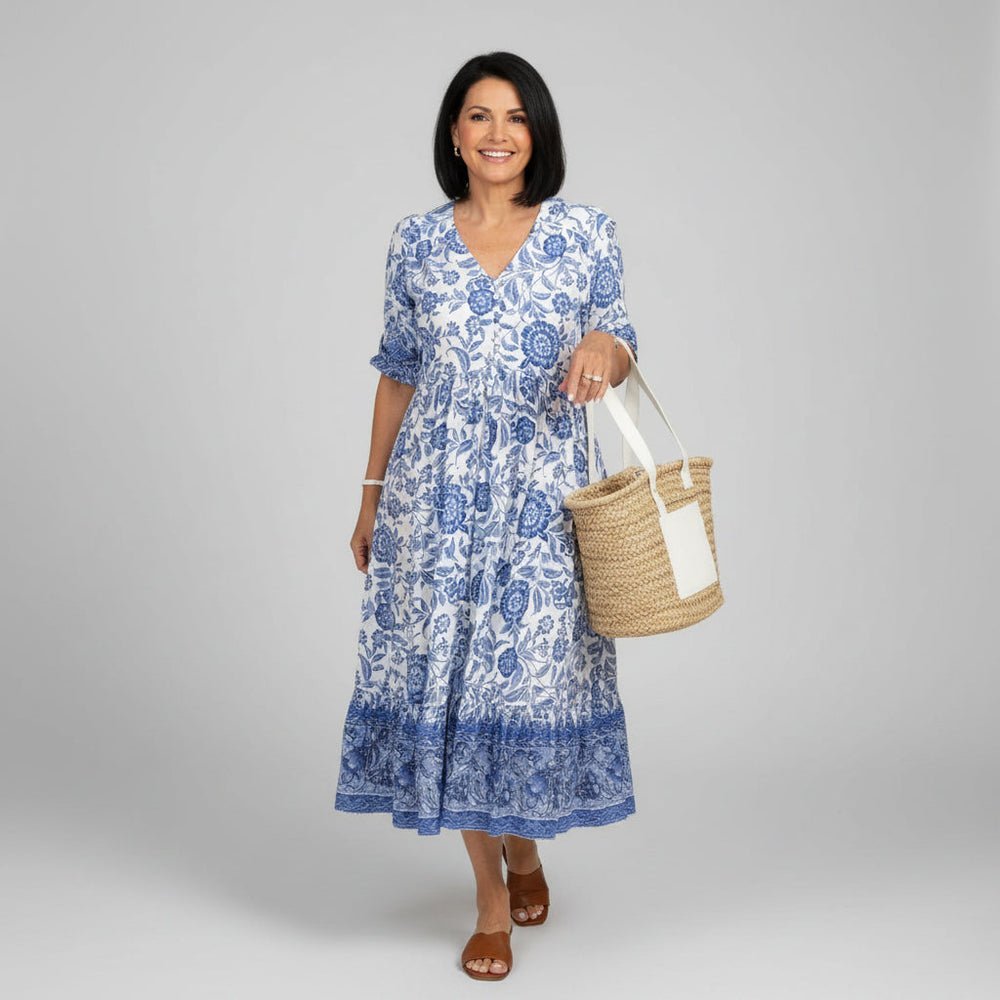Robe midi fleurie blanche et bleue taille 42 neuve