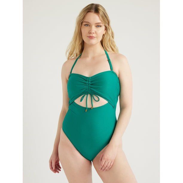 Maillot de bain vert de la marque Time and Tru présente un design côtelé avec une découpe "cut-out" au niveau du ventre