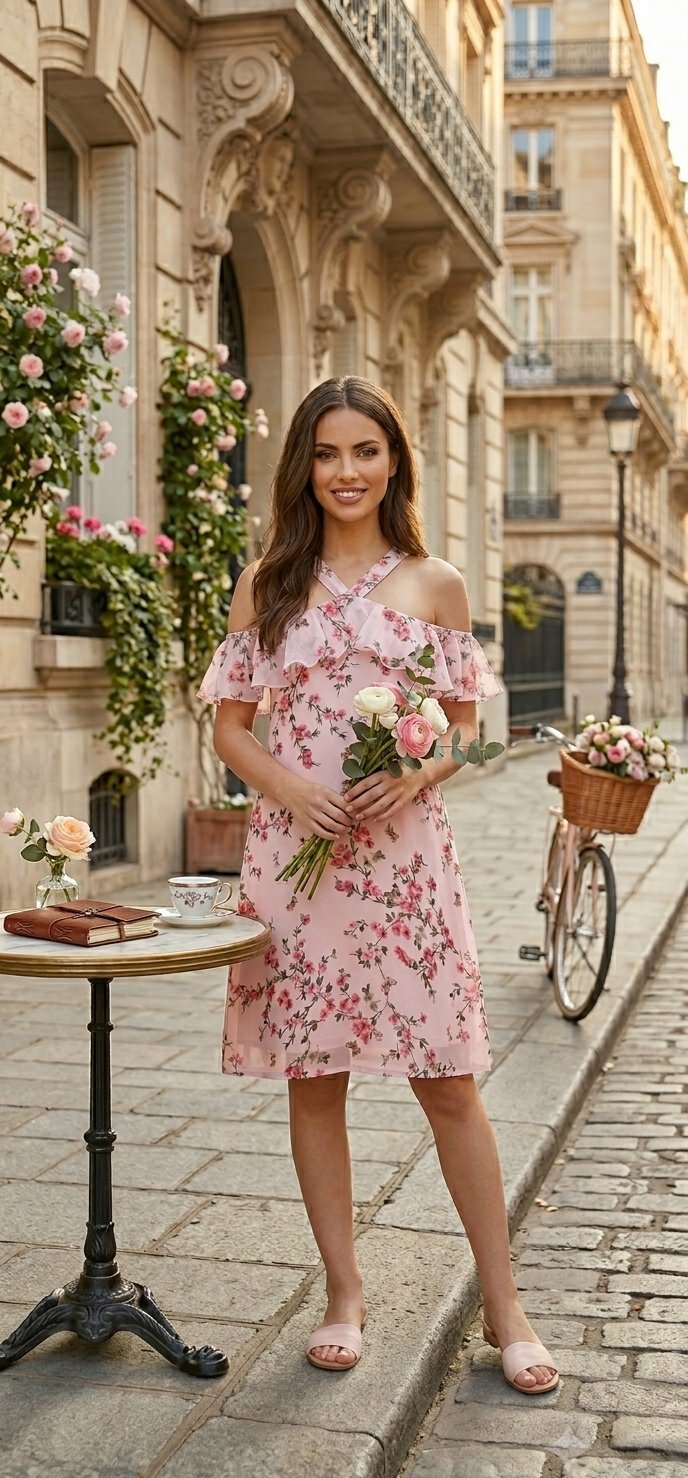 Robe fluide rose fleurie, épaules dénudées et col croisé