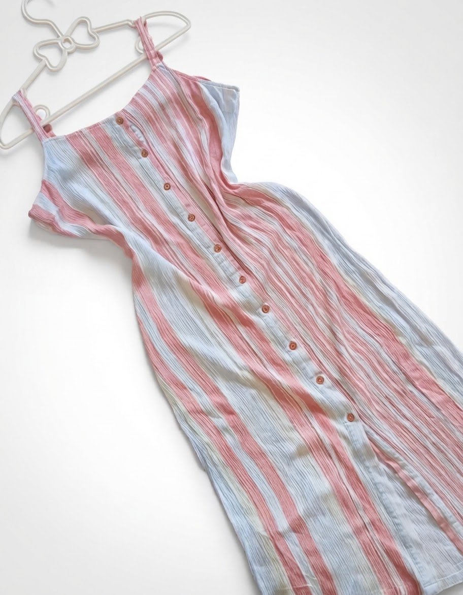 Très jolie robe d'été rayée rose/bleue et blanche avec boutons sur la longueur. Tissu très frais et agréable à porter pour la saison d'Été. .