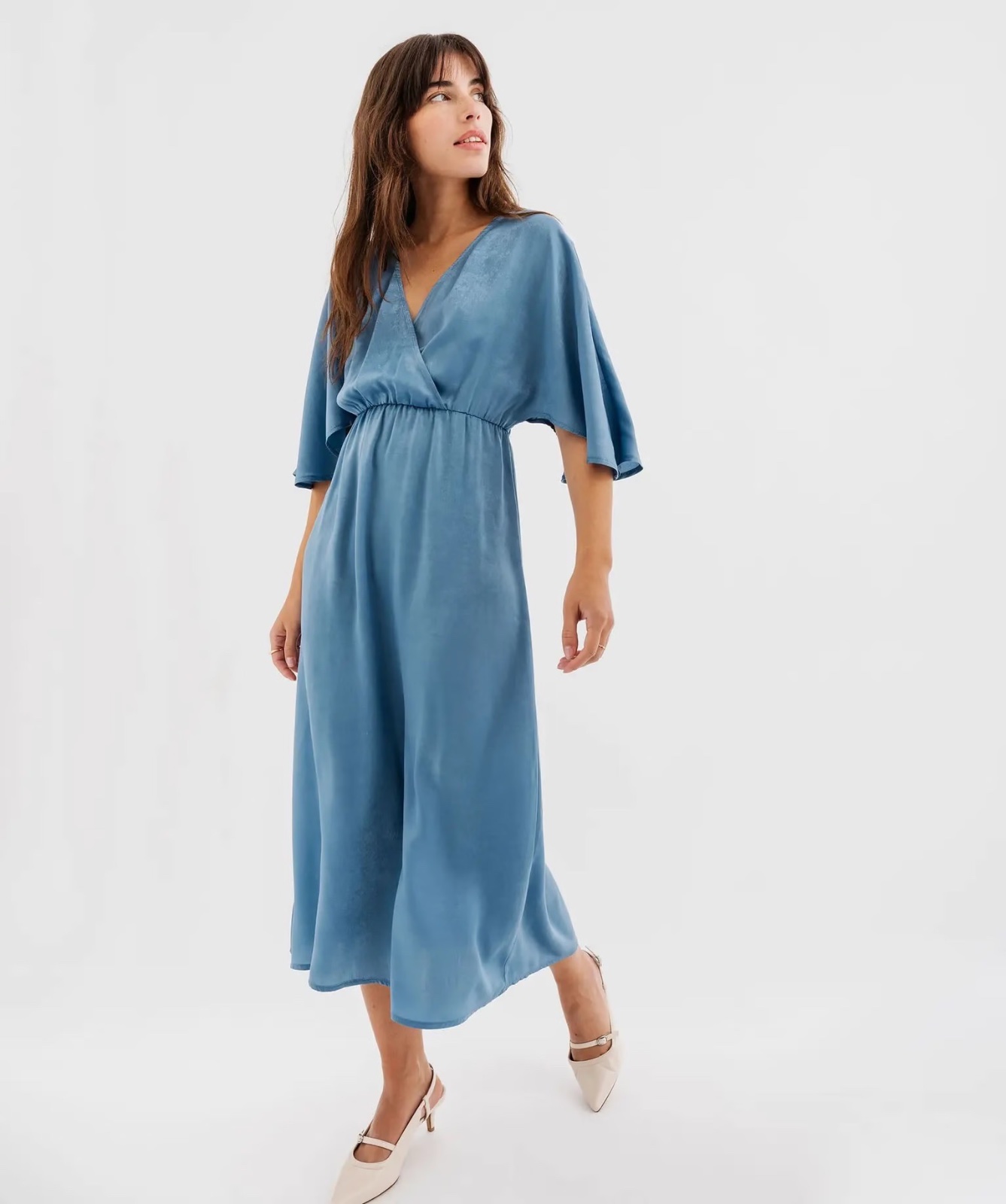 Robe longue en voile satiné à encolure cache-cœur femme bleu Neuve 