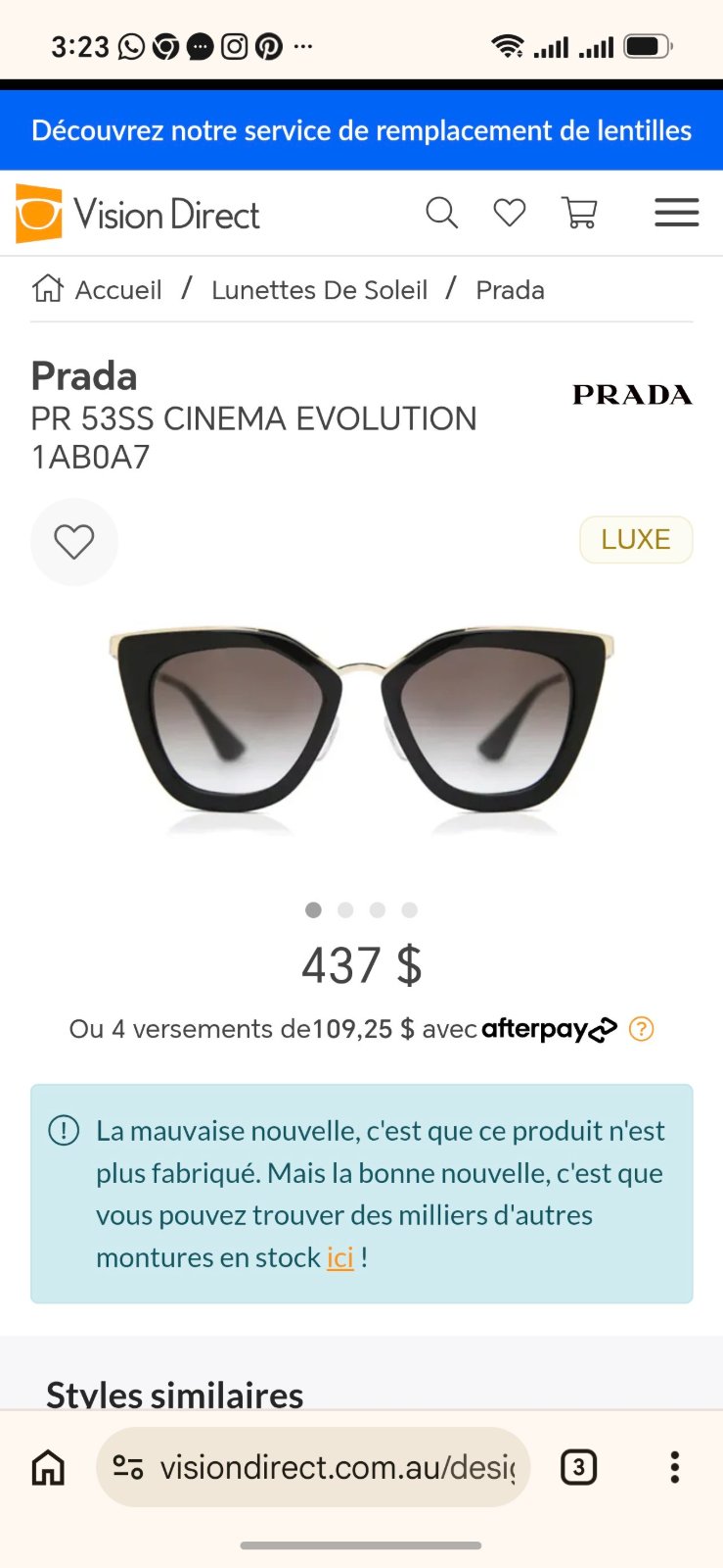 Prada Cinema PR 53SS (coloris 1AB0A7 Noir/Or)