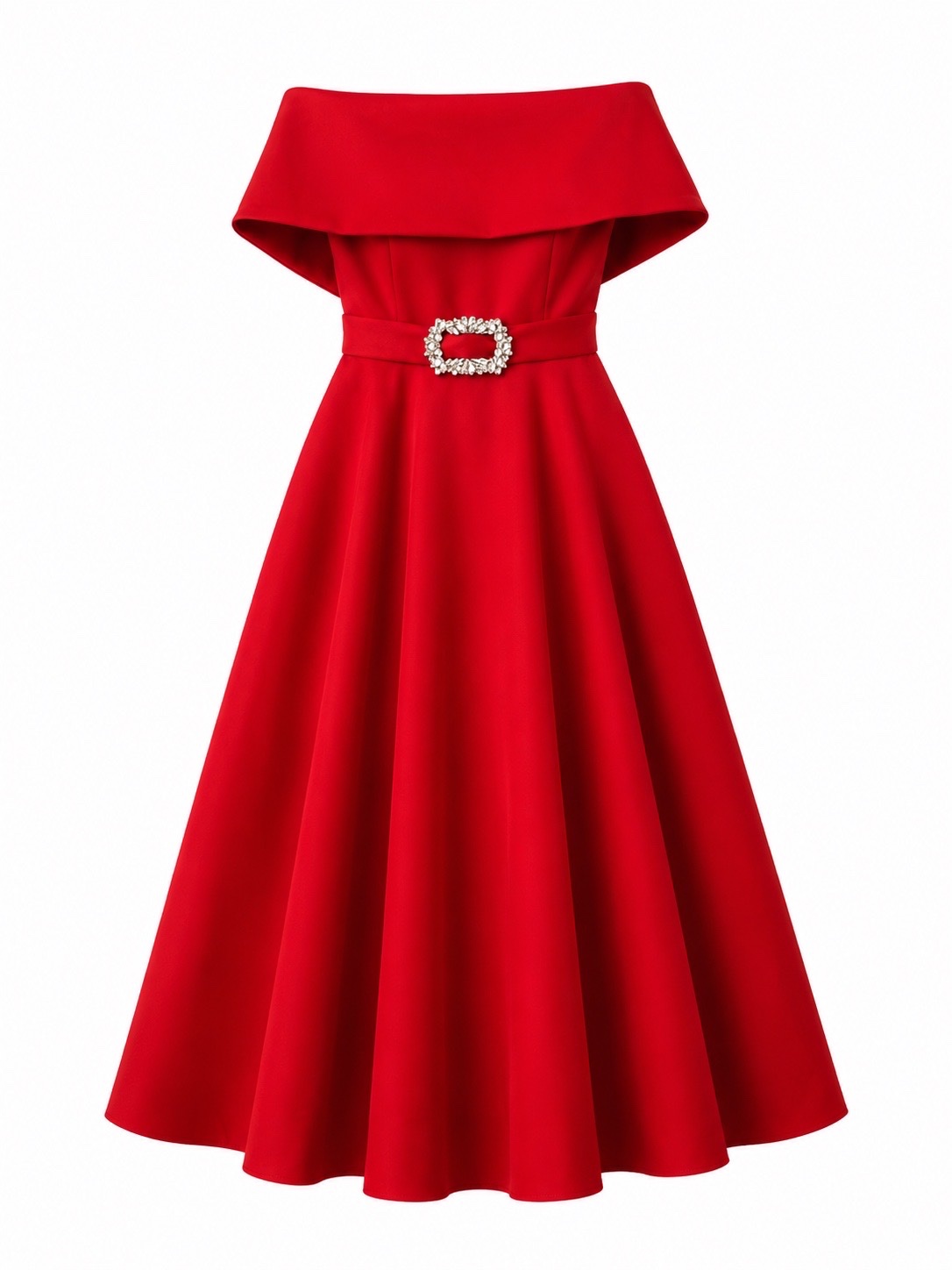     Robe rouge élégante mi-longue avec ceinture strass