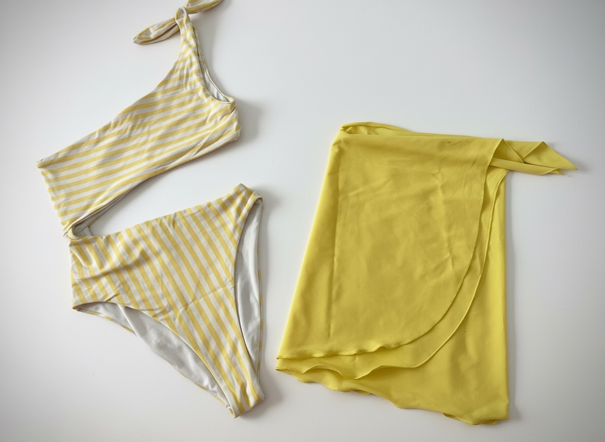 ☀️ Ensemble Maillot 1 Pièce Asymétrique Rayé & Jupe / Paréo Jaune Assorti