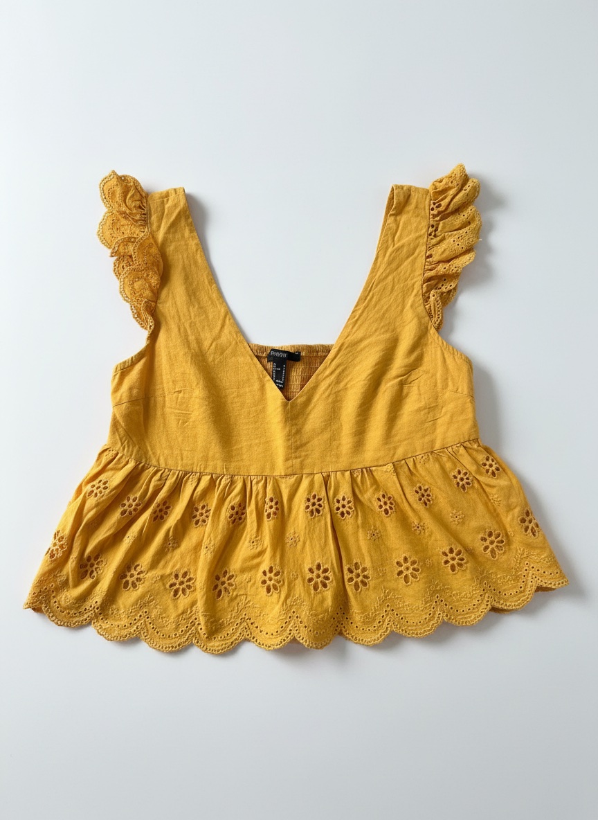 🌻 Crop Top Jaune Moutarde en Broderie Anglaise – Style Bohème 