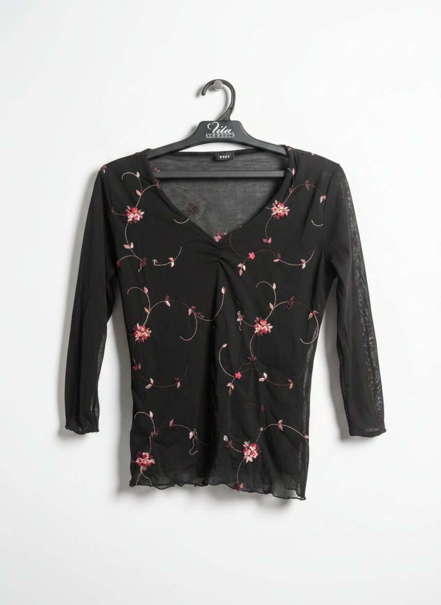 Top en tulle noir brodé fleurs - Marque REDS