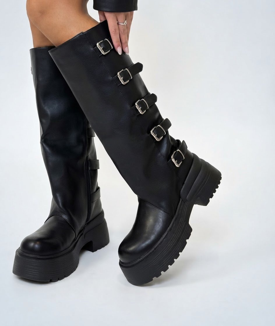 Bottes hautes noires style à plateforme et boucles métalliques  