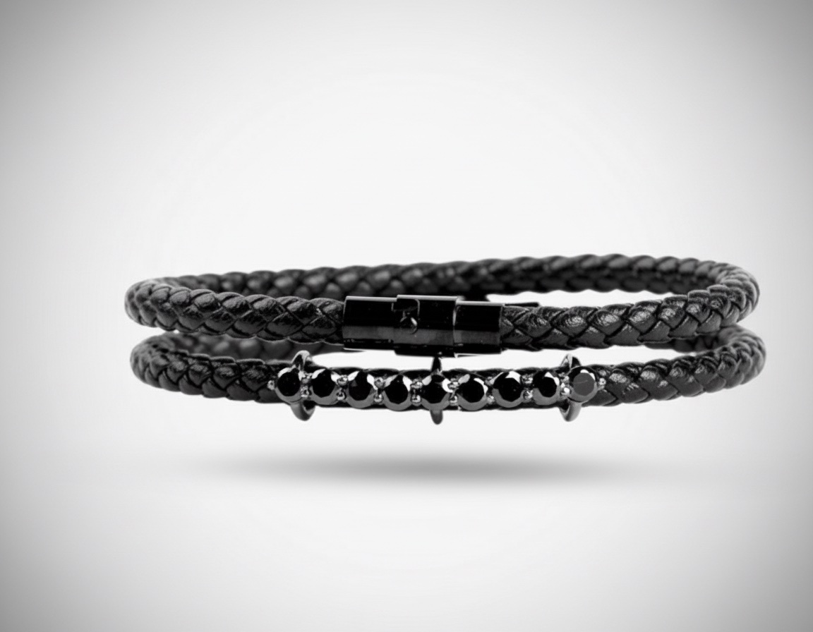 Bracelet homme en cuir tressé, argent 925 & zircon brillant ✨🖤Neuf🖤de la marque Shopal Jewels
