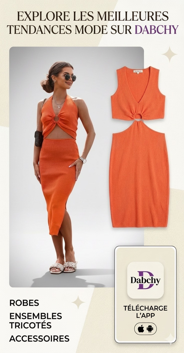 ✨ Ensemble Robe en Maille Orangée - Coupe Cut-Out & Détail Anneau
