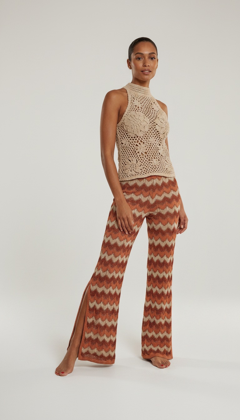 🍊 Pantalon Fluide en Maille Chevron / Style Rétro Boho