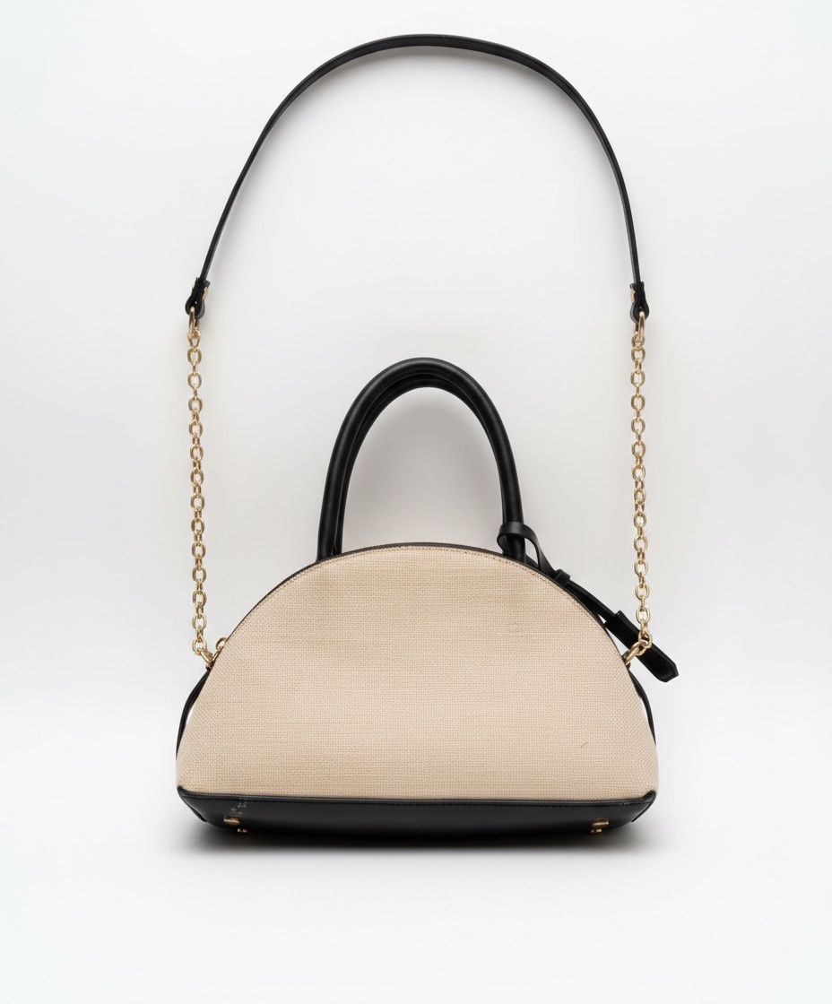 Sac à main élégant en tissu beige avec finitions en simili cuir noir