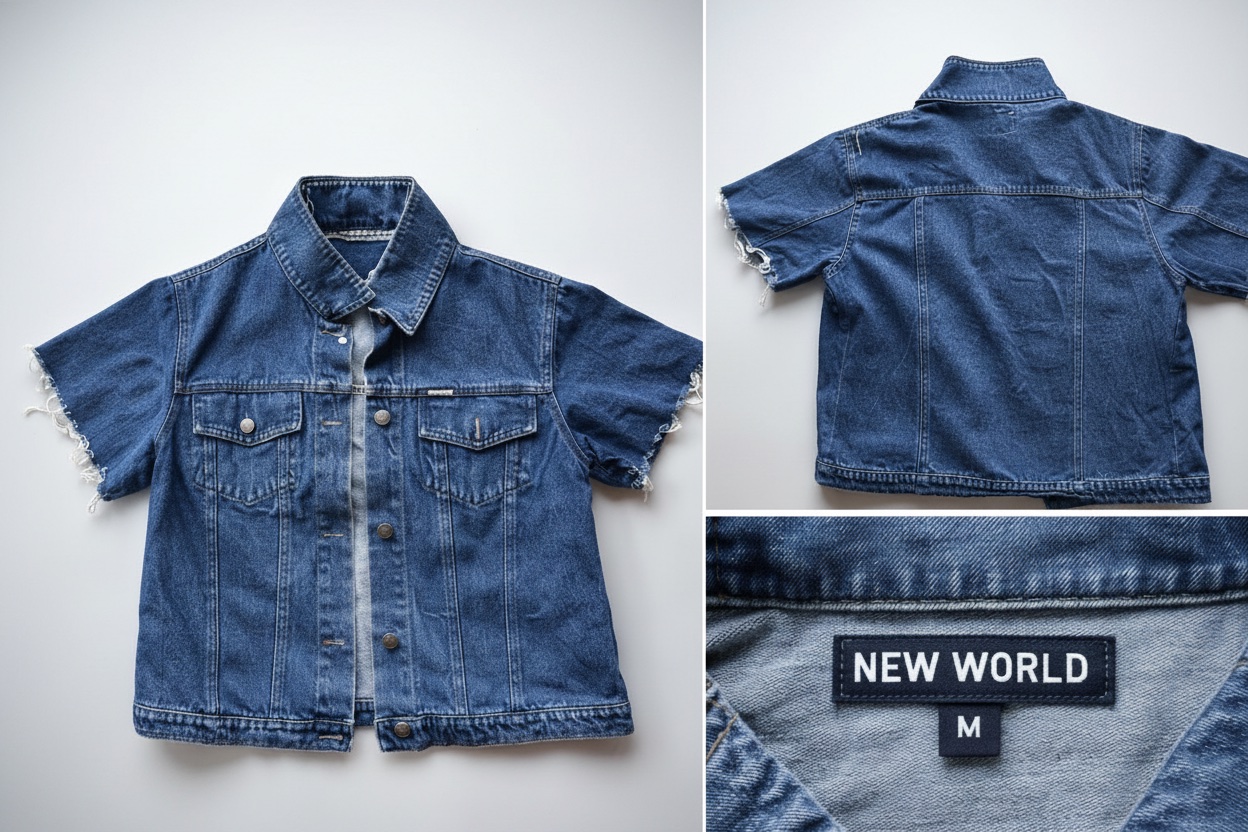 Veste en jean bleue customisée, manches coupées, style vintage. Taille M, marque NEW WORLD, très bon état💙💙💙💙💙💙💙💙💙💙💙