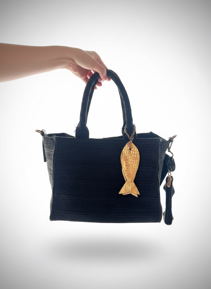 Sac Cabas Noir Tressé avec Bandoulière & Bijou Poisson - Très Bon État