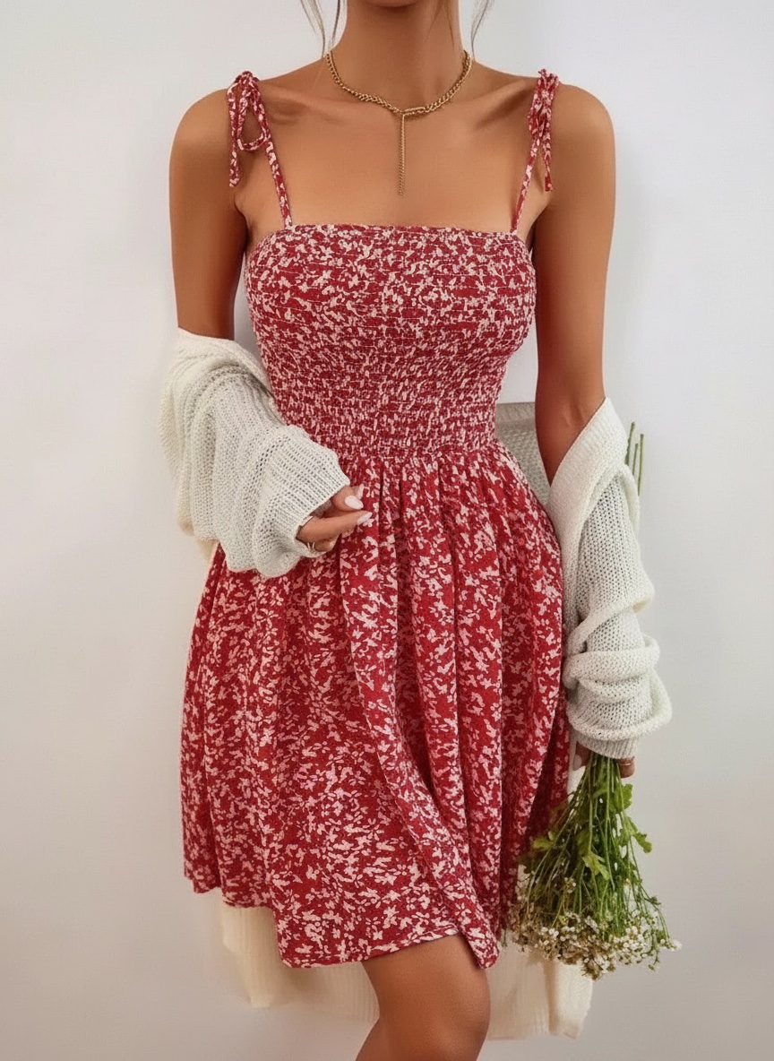 Mini-robe fluide rouge à motif floral et bretelles à nouer-Neuve