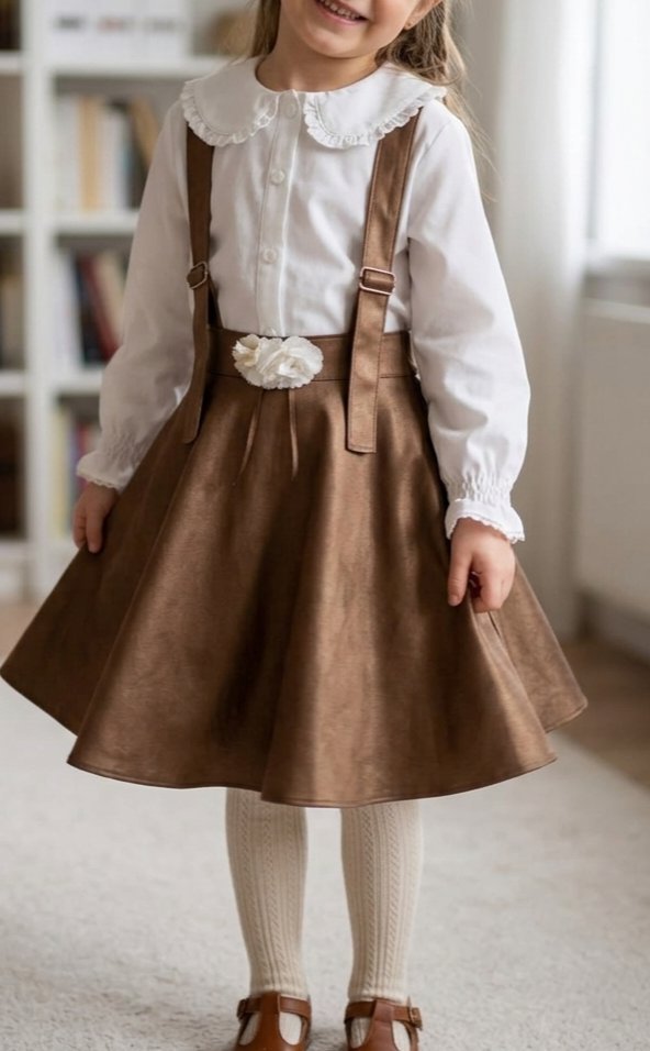 Un ensemble pour petite fille composé d'une chemise blanche à manches longues et d'une jupe à bretelles marron de style salopette