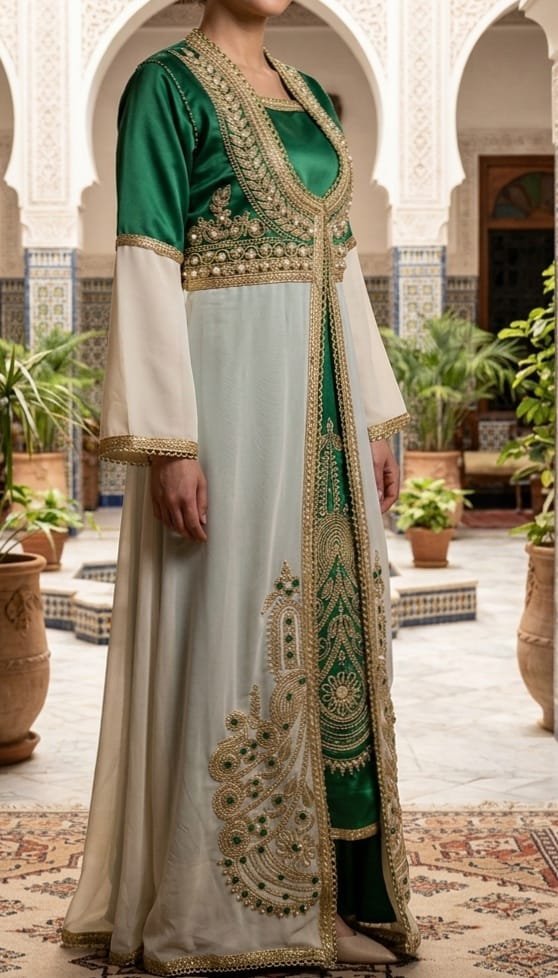 Un caftan marocain (takchita) de couleur vert émeraude et blanc cassé