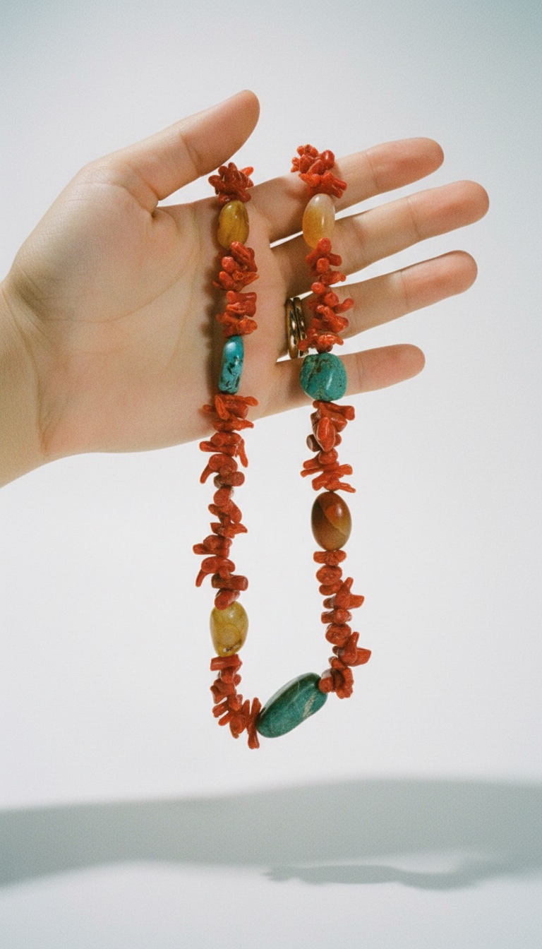 Collier avec les pierres de corail, turquoise et cornaline 