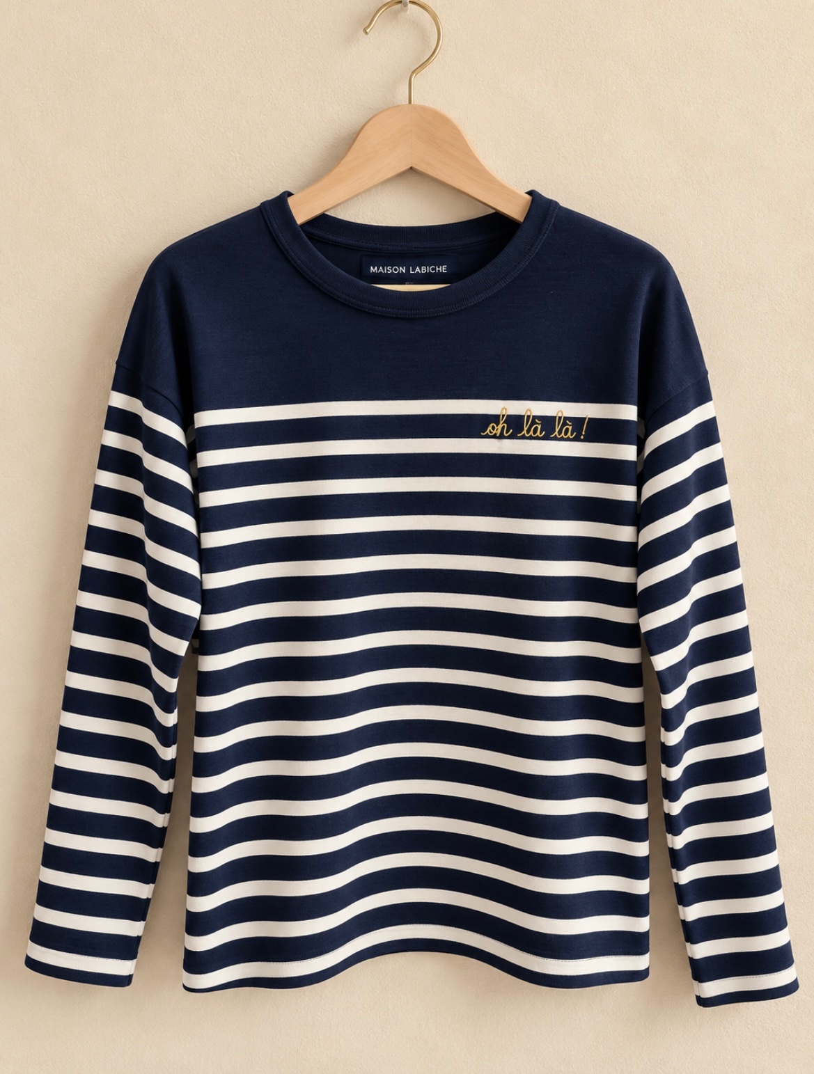 Pull marinière Maison Labiche bleu marine et écru – Broderie dorée « Oh là là ! »