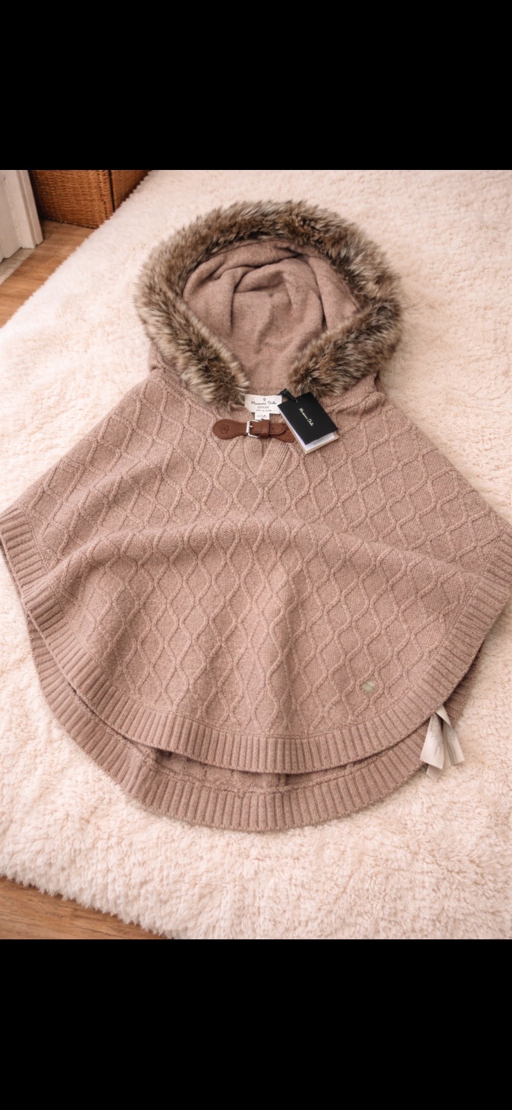 Poncho Massimo Dutti Kids beige capuche fausse fourrure – 5/8 ans – neuf