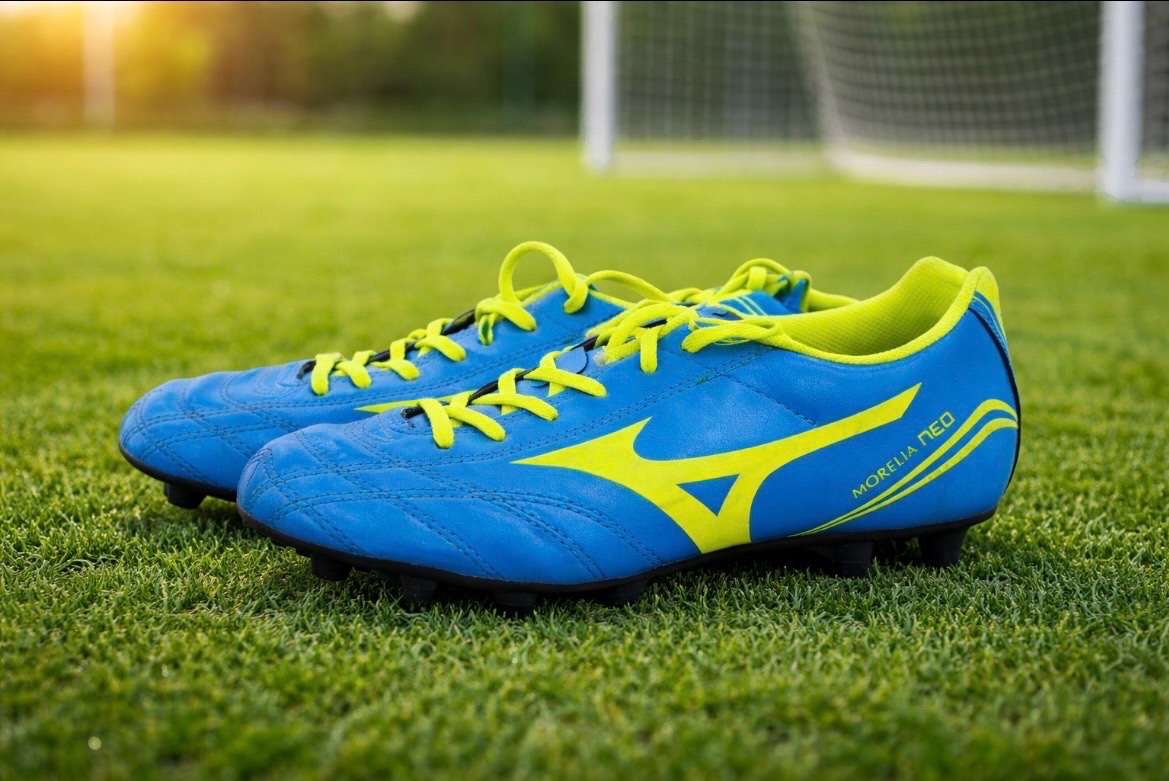 Mizuno Morelia Neo ⚽ Chaussures de foot bleu/jaune fluo – Très bon état – Crampons moulés