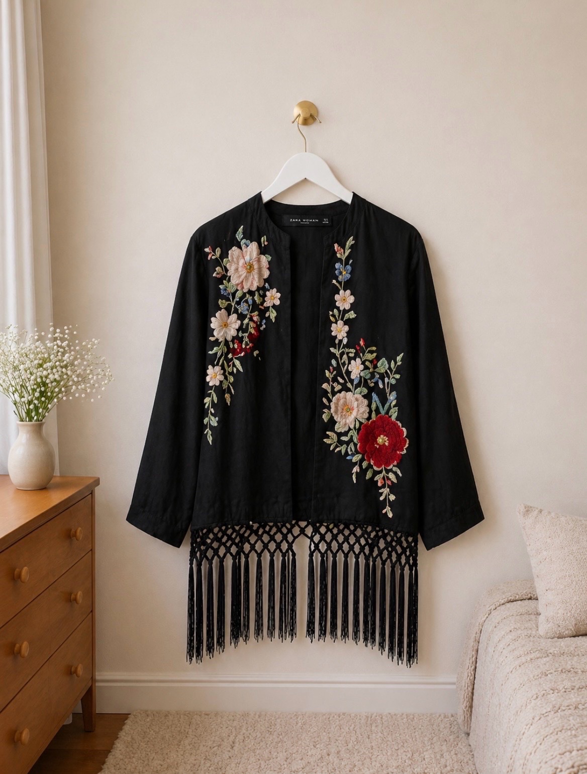 Kimono noir brodé Zara Woman – broderies florales – taille L