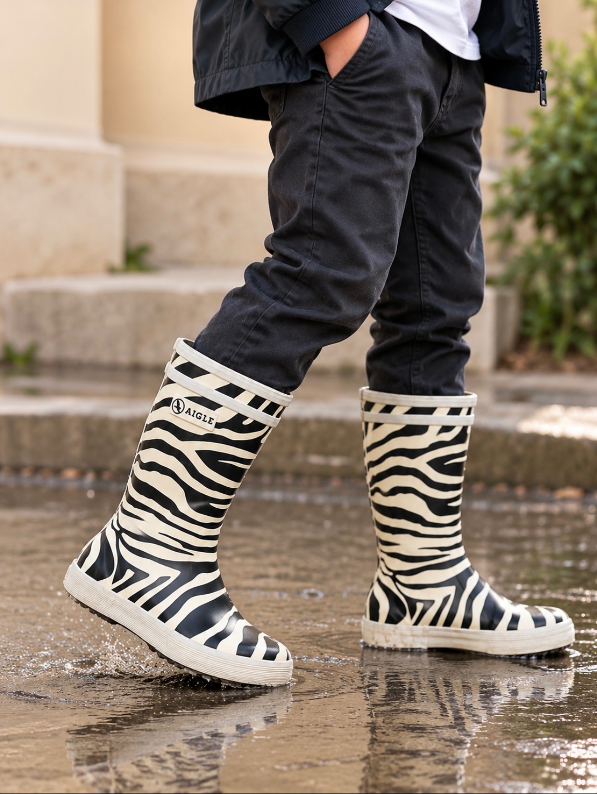 Bottes de pluie Aigle motif zèbre noir et écru – Pointure 31