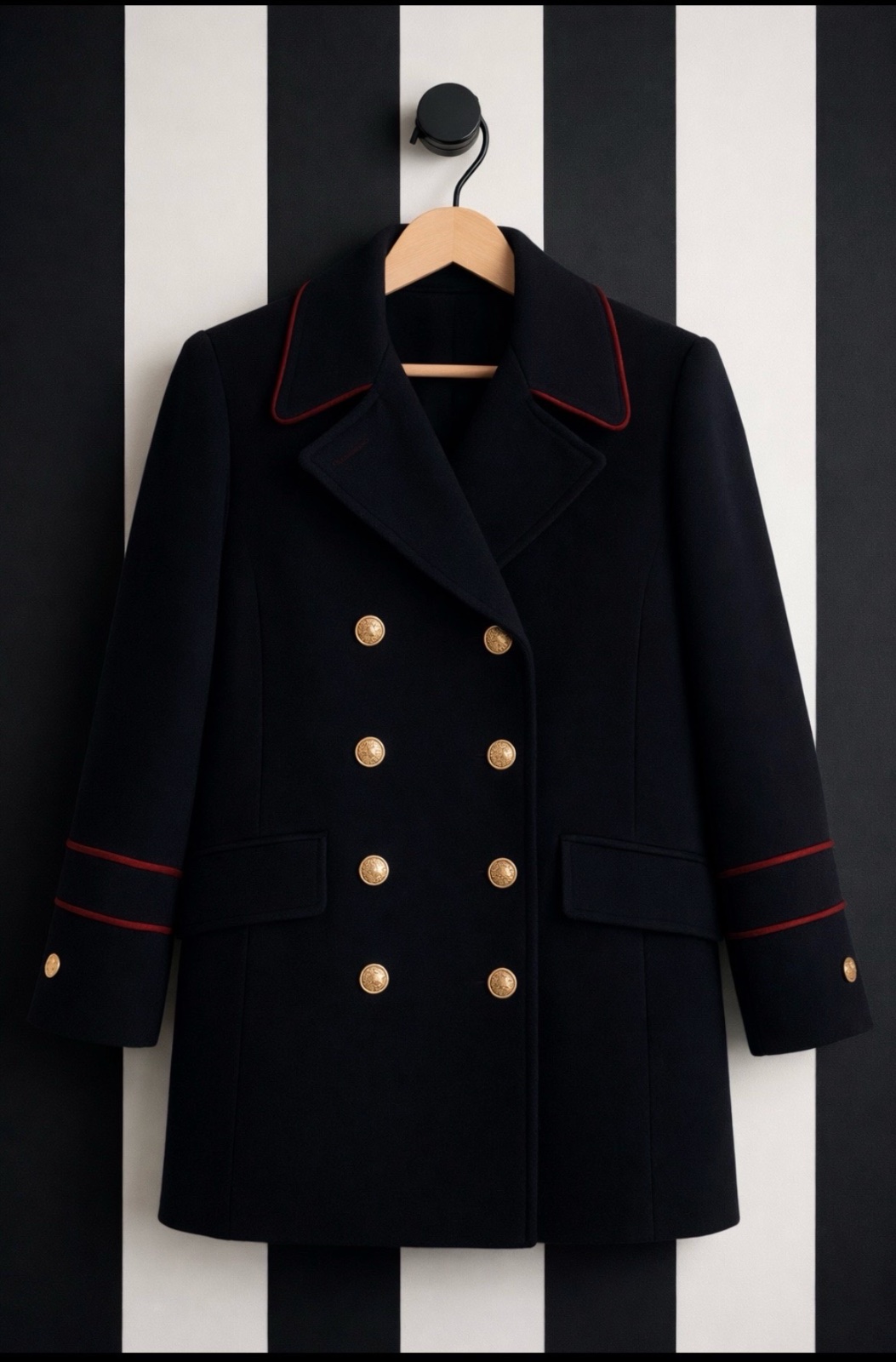 Manteau noir chic style officier – .boutons dorés & liserés rouges – Très bon état