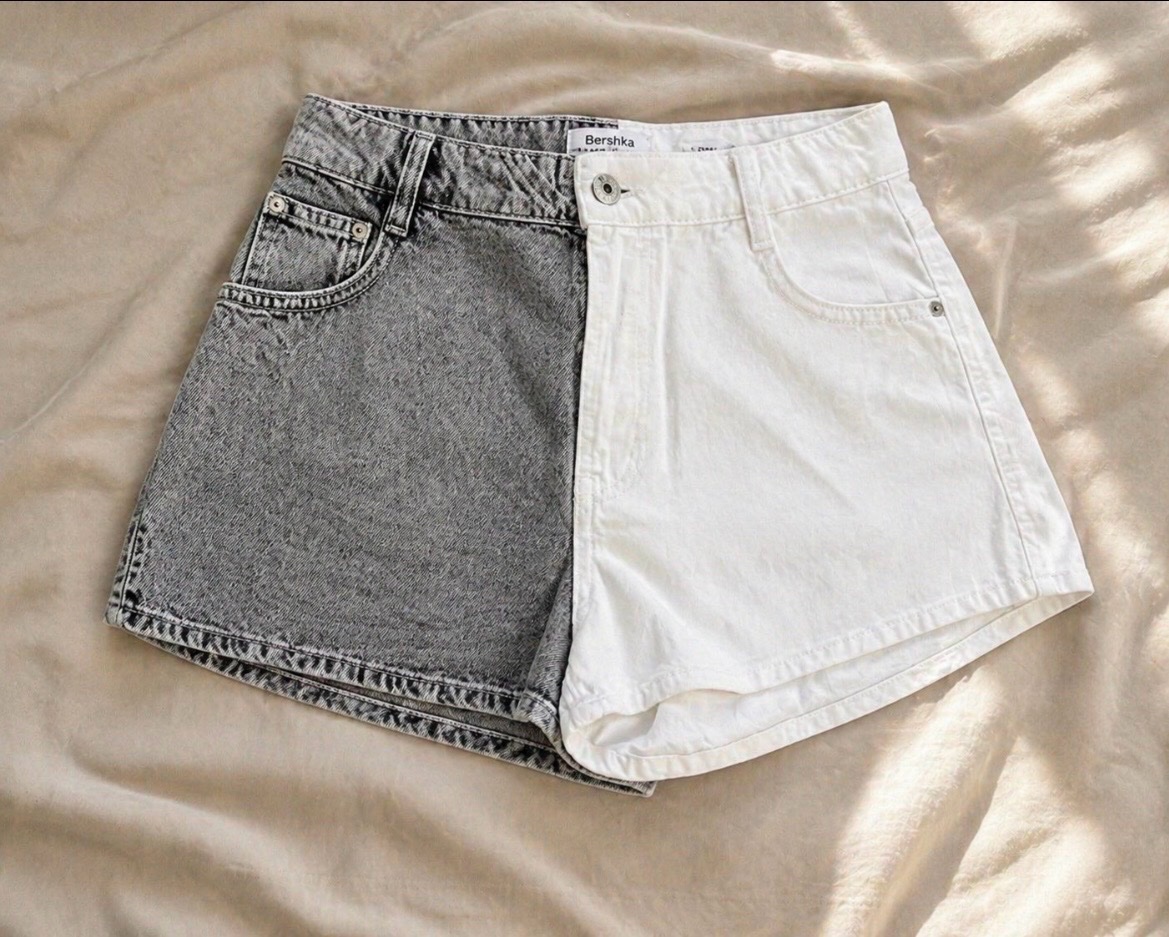 Short Bershka bicolore taille haute gris & blanc – Taille 36