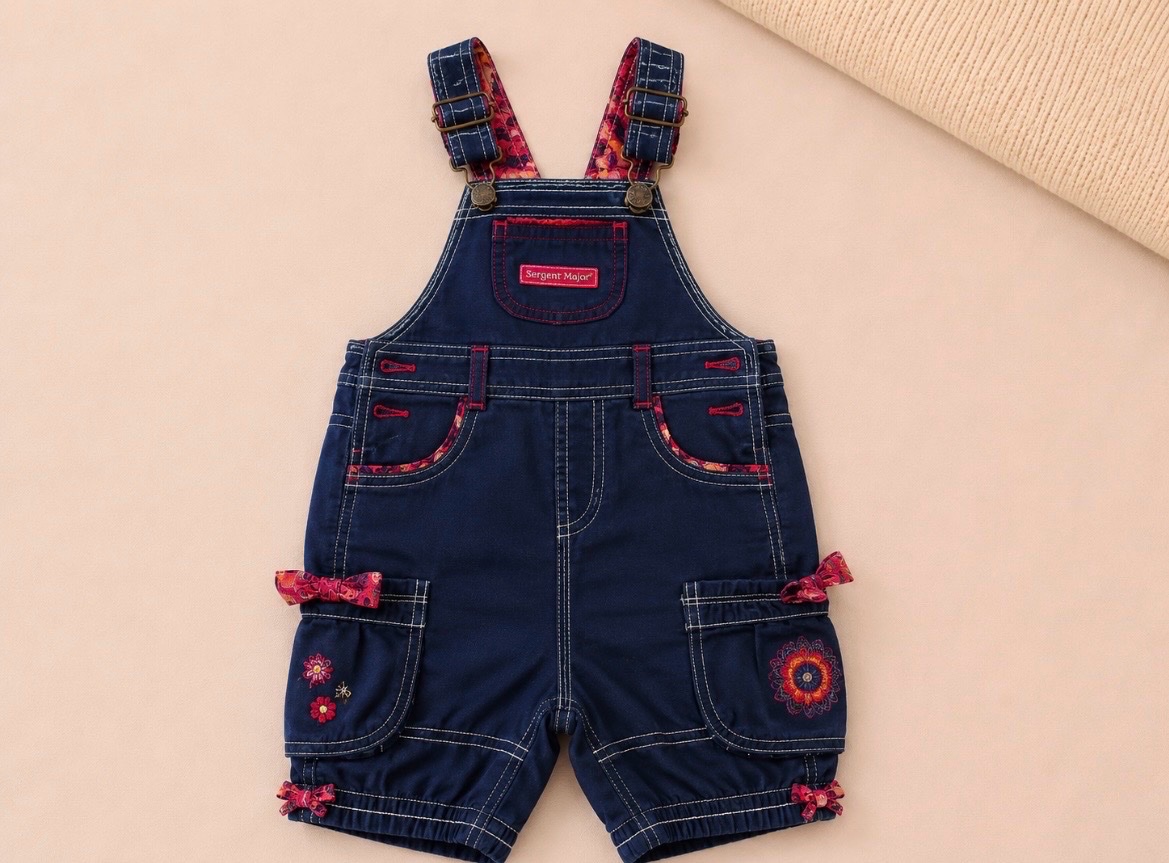Salopette Sergent Major 6 mois fille – bleu marine avec détails roses