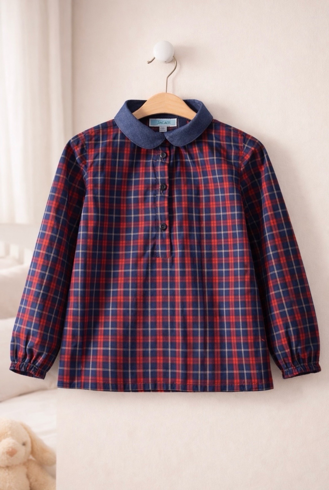 Chemise Jacadi 6 ans carreaux rouge/bleu col denim – Très bon état
