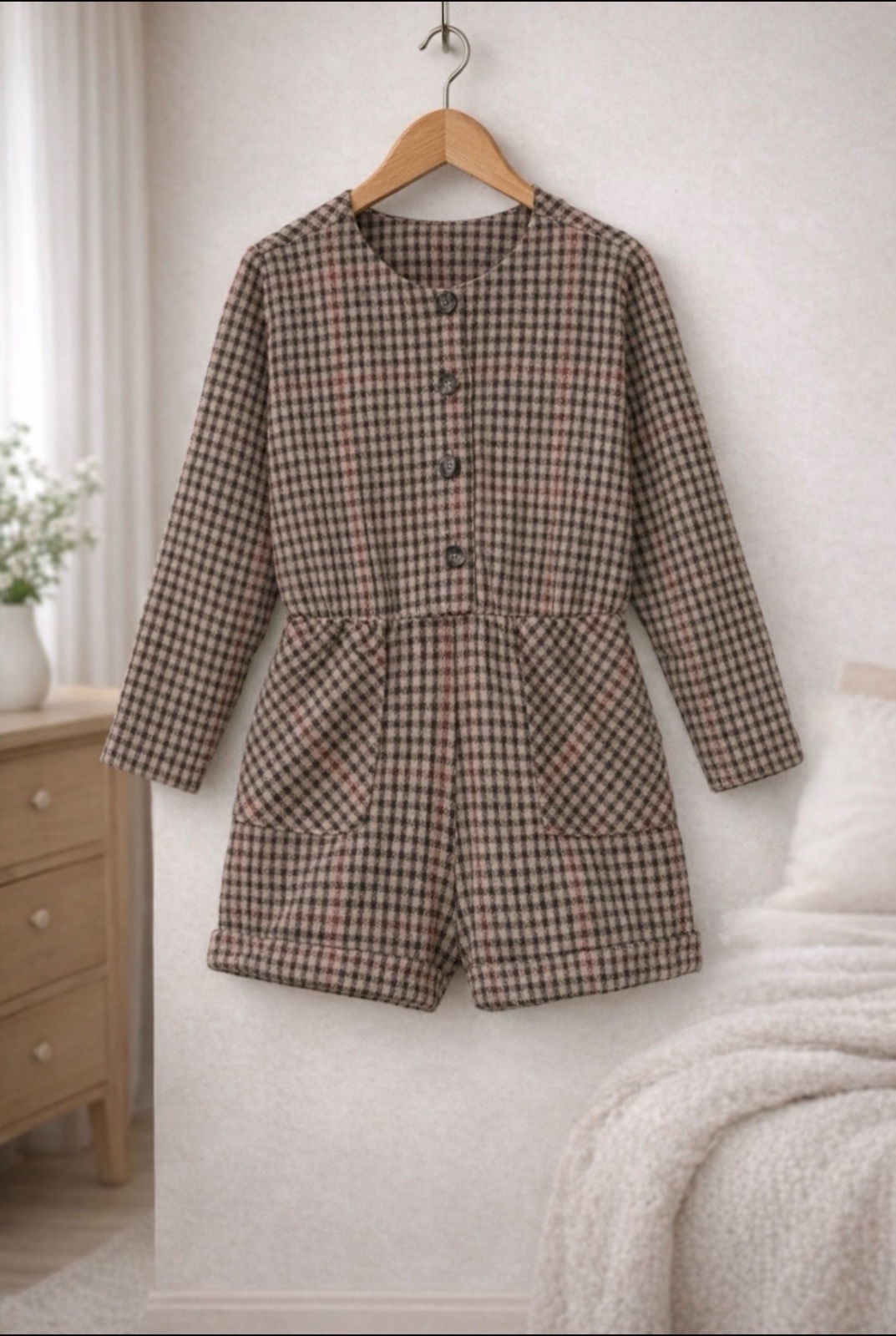 Combishort à carreaux vintage – manches longues – poches – style chic