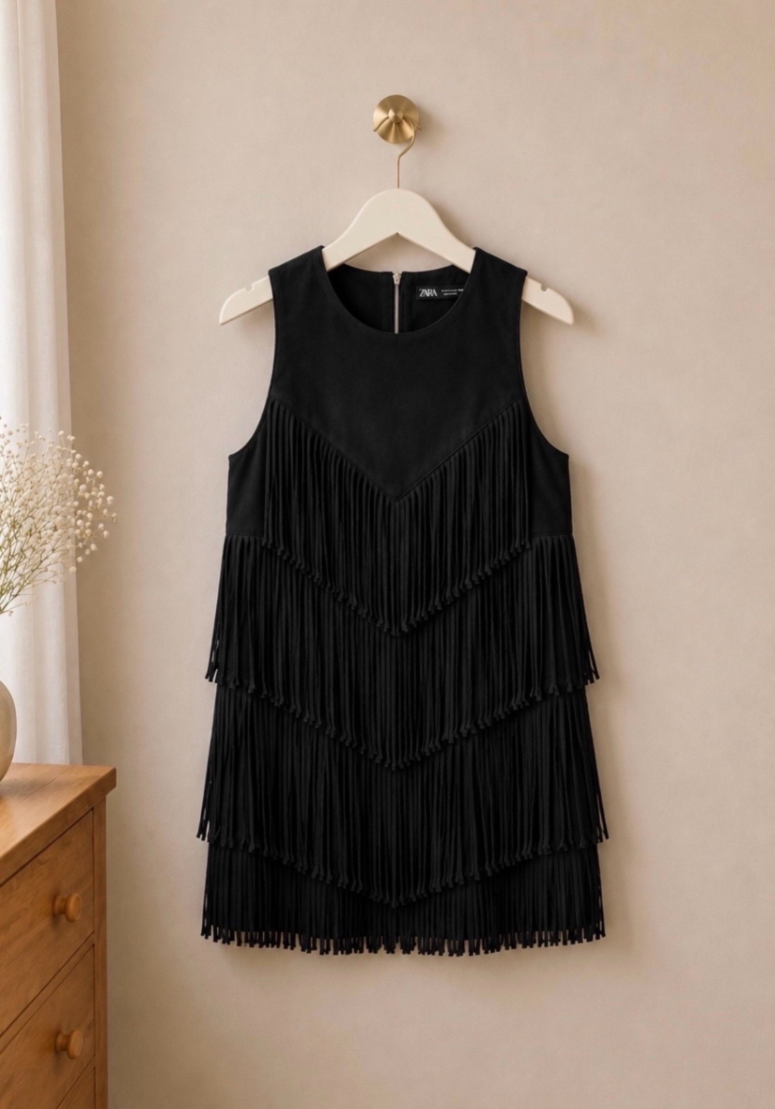 Robe noire Zara à franges - style bohème chic - taille L- portée 1 fois