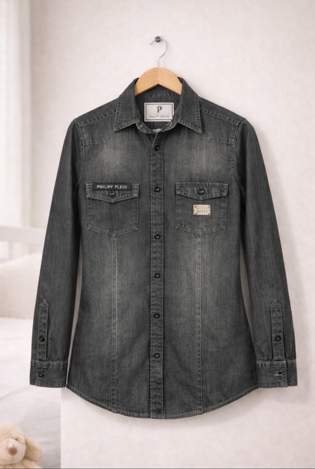 Chemise Philipp Plein Junior denim gris skull strass taille 10 ans