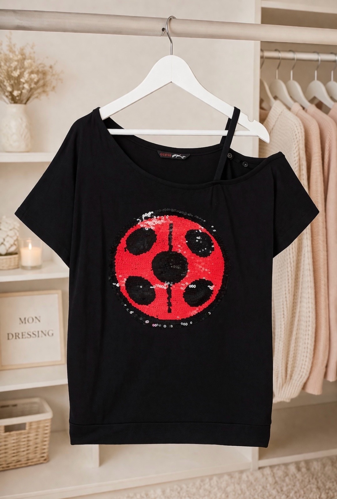 Pull Guess fille 12 ans réversible sequins coccinelle / logo rose – neuf avec étiquette