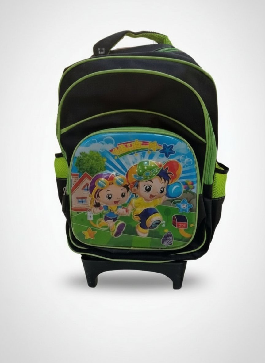 Sac à dos à roulettes noir et vert pour enfant