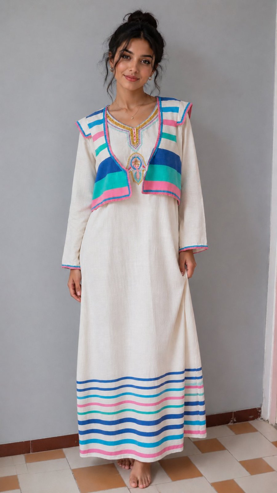 Robe longue blanche bohème avec détails colorés ✨