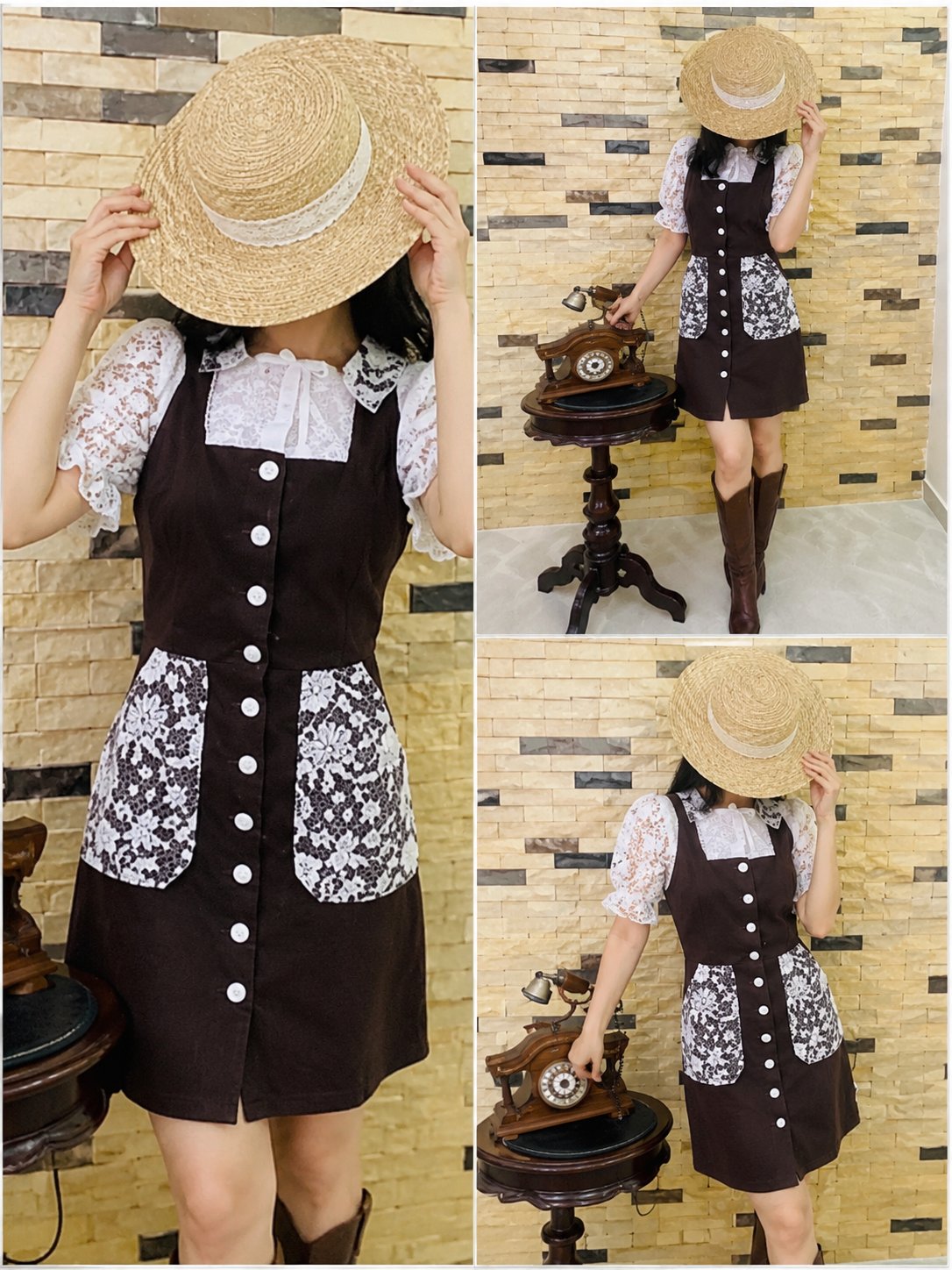 Robe vintage en denim marron et dentelle blanche - Taille courte